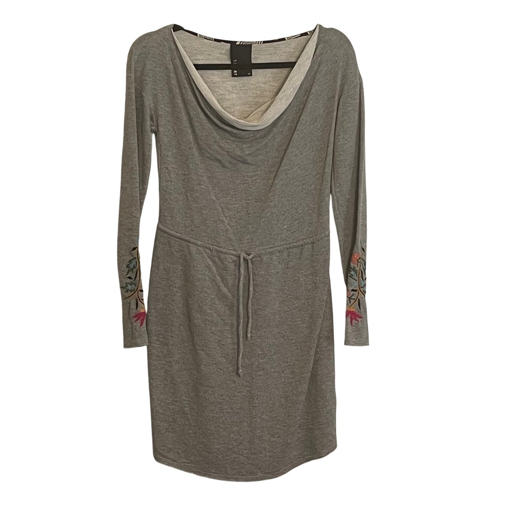 Dolan T-Shirt Gray Cowl Neck Embroidered Sleeve Drawstring Mini Dress XS